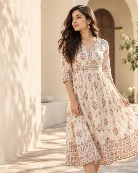 Woman in an ivory block-print cotton dress in a sunlit courtyard