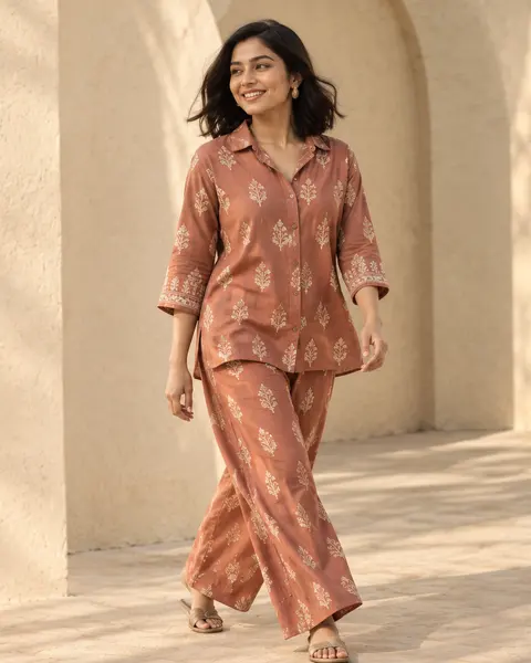 Smiling woman in a terracotta block-print co-ord set